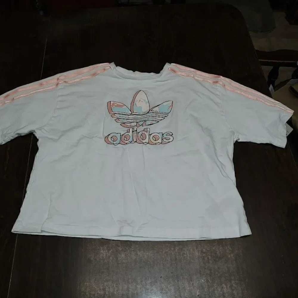 New Adidas White Pink Crop Top Pants Outfit Size Girl's 13/14 Years